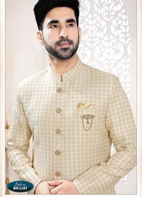 Men's cream woven jacquard thread and sequence embroidery all over kurta set 3