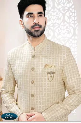 Men's cream woven jacquard thread and sequence embroidery all over  kurta set