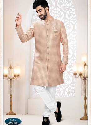 Men's pink woven jacquard thread and sequence embroidery all over kurta set 1