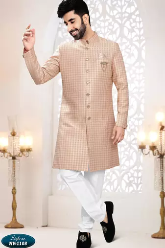 Men's pink woven jacquard thread and sequence embroidery all over Sherwani set