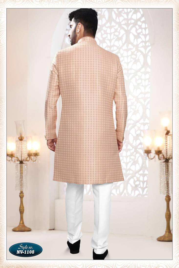 Men's pink woven jacquard thread and sequence embroidery all over  kurta set