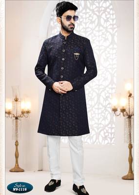 Men's blue woven jacquard self design in fabric kurta set 1