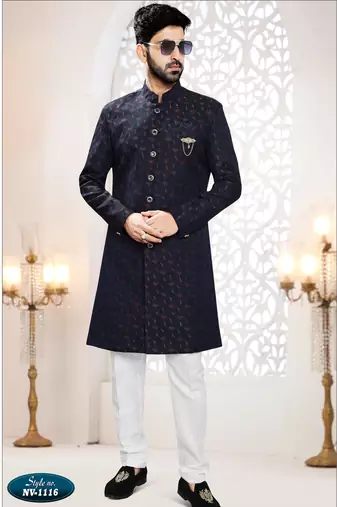 Men's blue woven jacquard self design in fabric kurta set