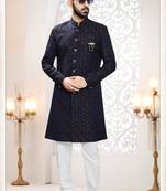 Men's blue woven jacquard self design in fabric kurta set