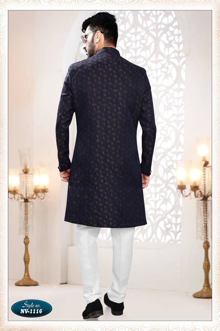 Men's blue woven jacquard self design in fabric kurta set