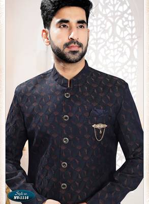 Men's blue woven jacquard self design in fabric kurta set 3