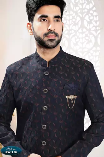 Men's blue woven jacquard self design in fabric kurta set