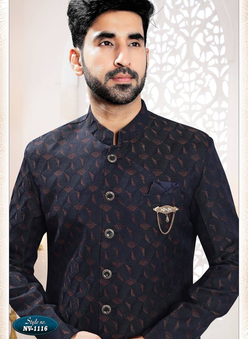 Men's blue woven jacquard self design in fabric kurta set