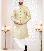 Men's yellow woven jacquard self design in fabric kurta set