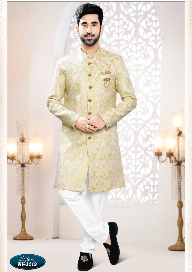 Men's yellow woven jacquard self design in fabric kurta set