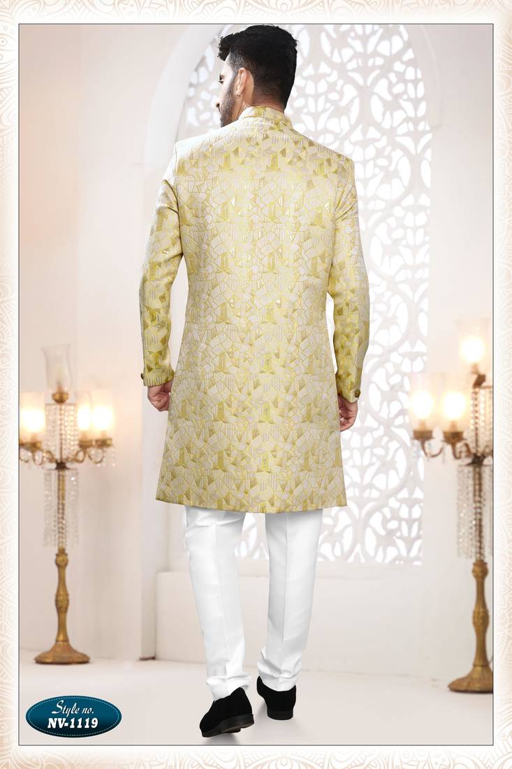 Men's yellow woven jacquard self design in fabric kurta set