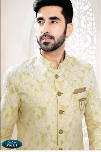 Men's yellow woven jacquard self design in fabric kurta set