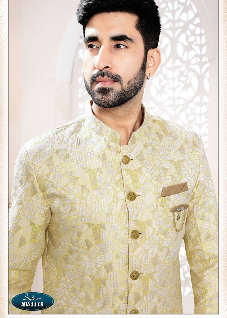 Men's yellow woven jacquard self design in fabric kurta set