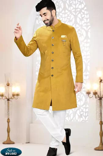 Men's yellow swad velvet  - kurta set