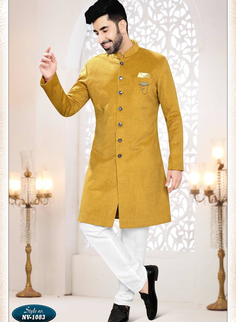 Men's yellow swad velvet  - kurta set