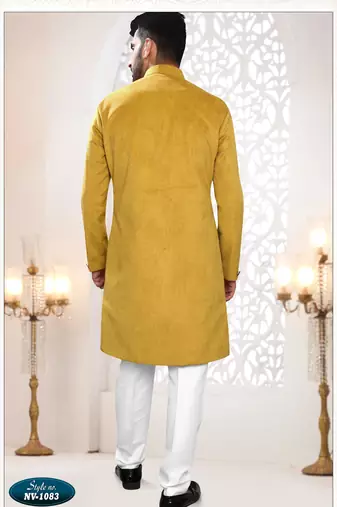 Men's yellow swad velvet  - kurta set