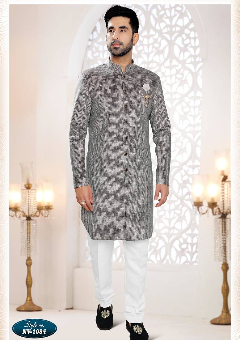 Men's grey swad velvet  self design in fabric kurta set