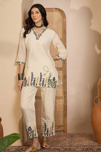 Beige khadi silk embroidered embroidered co-ord set