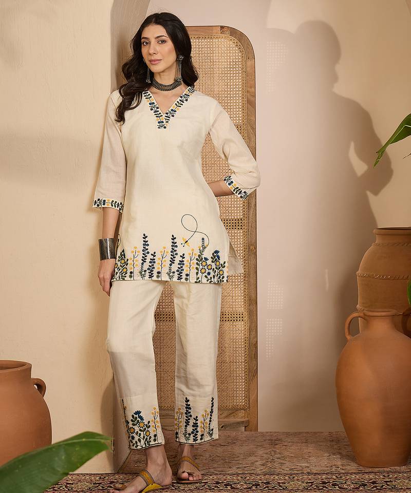 Beige khadi silk embroidered embroidered co-ord set