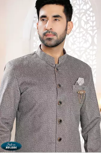 Men's grey swad velvet  self design in fabric kurta set