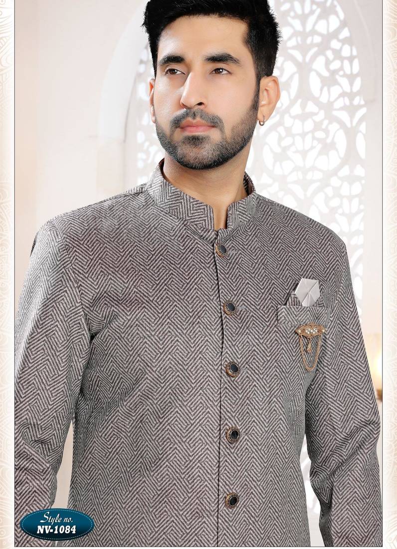 Men's grey swad velvet  self design in fabric kurta set