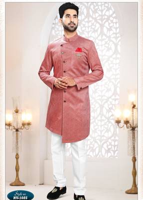 Men's red swad velvet self design in fabric kurta set 1