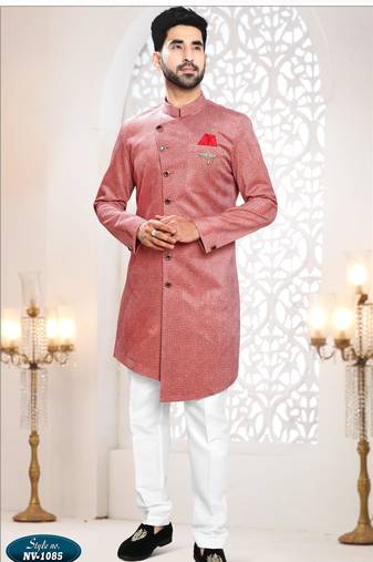 Men's red swad velvet  self design in fabricSherwani set