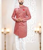 Men's red swad velvet  self design in fabric kurta set