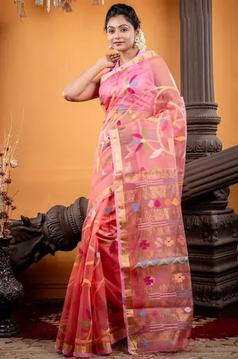 pink hand woven silk blend cotton bengal handloom all seasons sarees