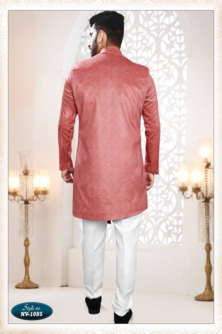 Men's red swad velvet  self design in fabric kurta set