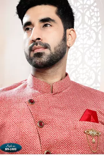 Men's red swad velvet  self design in fabric kurta set