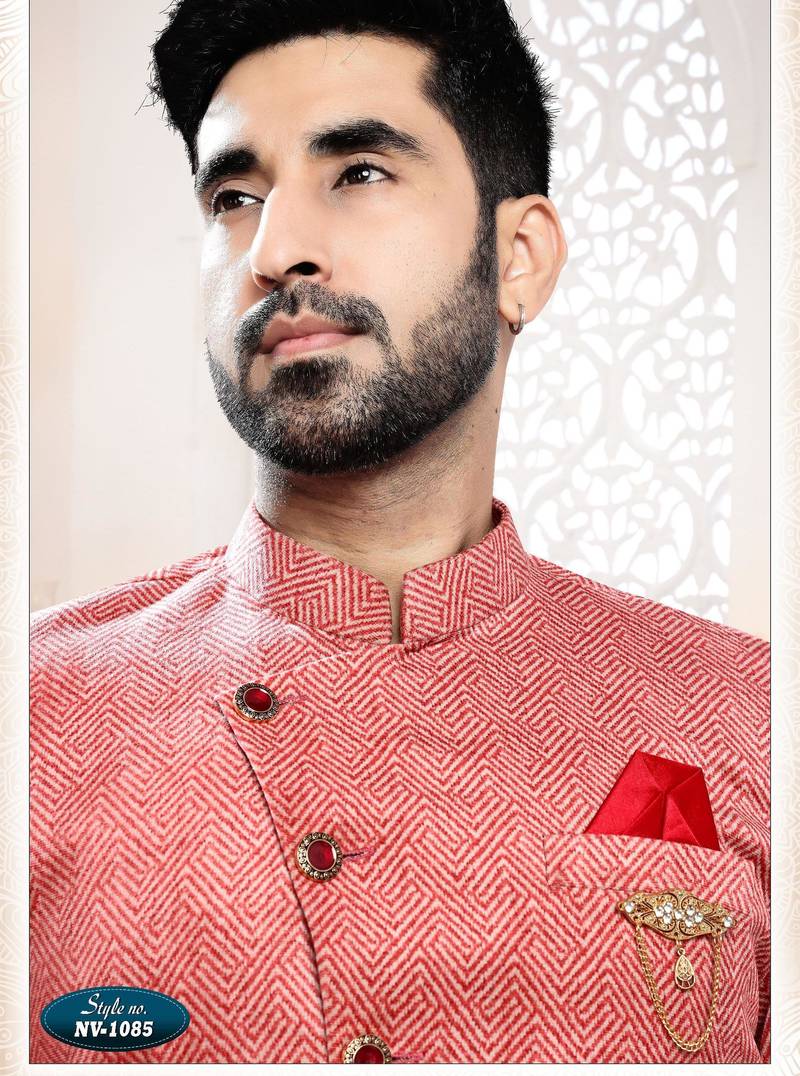 Men's red swad velvet  self design in fabric kurta set