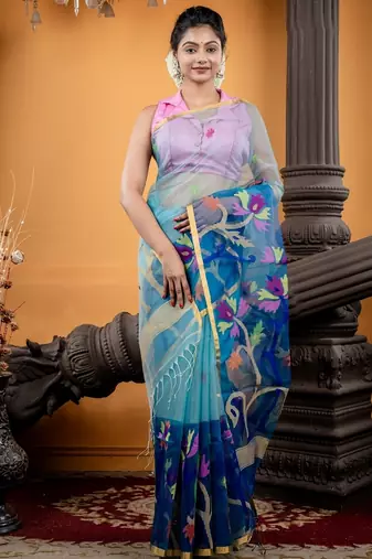 blue hand woven silk blend cotton bengal handloom all seasons sarees