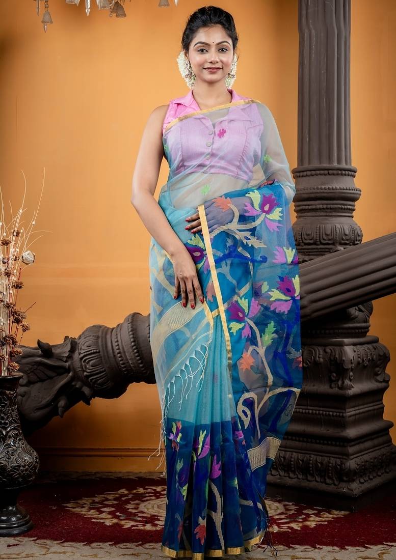 blue hand woven silk blend cotton bengal handloom all seasons sarees