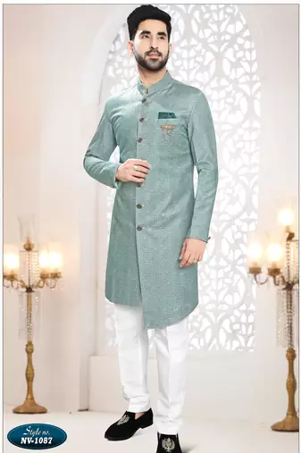 Men's blue swad velvet  self design in fabric kurta set
