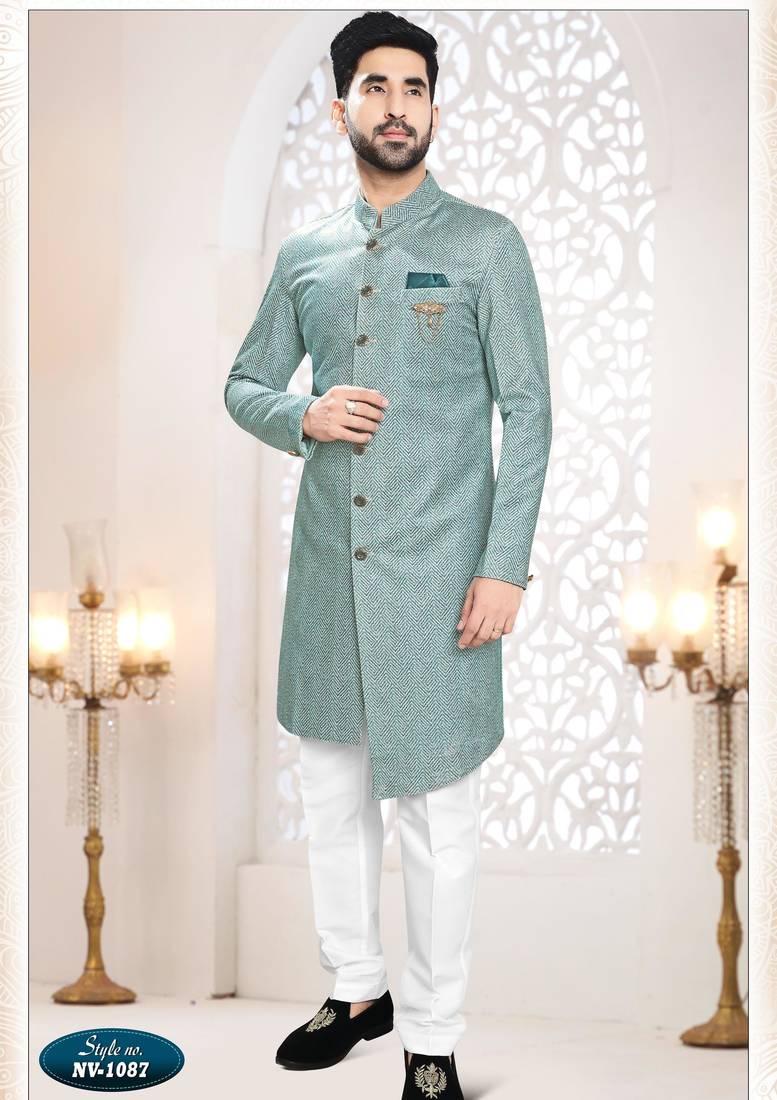 Men's blue swad velvet  self design in fabric kurta set