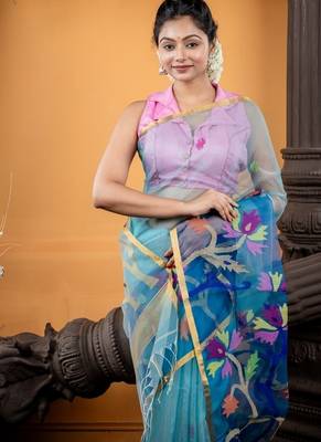blue hand woven silk blend cotton bengal handloom all seasons sarees 2