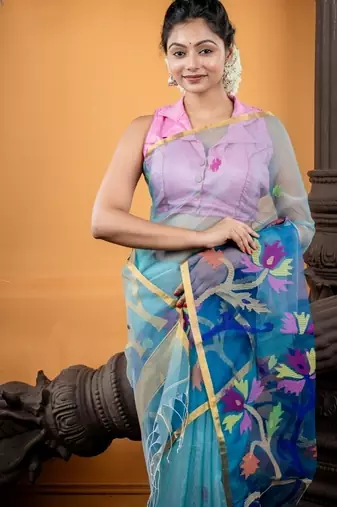blue hand woven silk blend cotton bengal handloom all seasons sarees