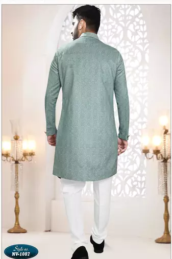 Men's blue swad velvet  self design in fabric kurta set