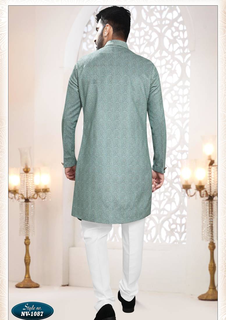 Men's blue swad velvet  self design in fabric kurta set