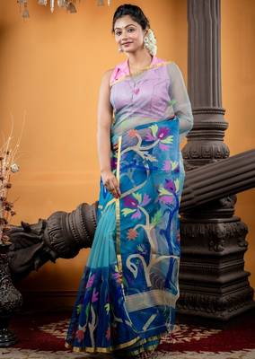 blue hand woven silk blend cotton bengal handloom all seasons sarees 3
