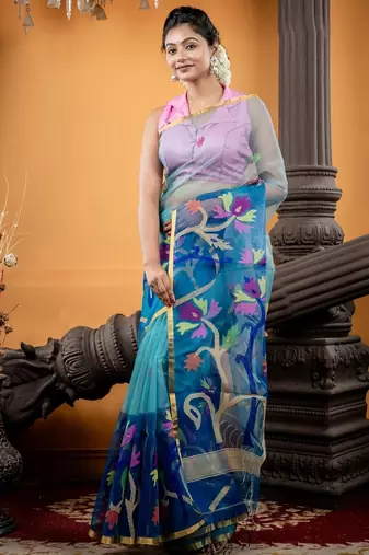 blue hand woven silk blend cotton bengal handloom all seasons sarees
