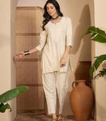 Beige khadi silk embroidered embroidered co-ord set