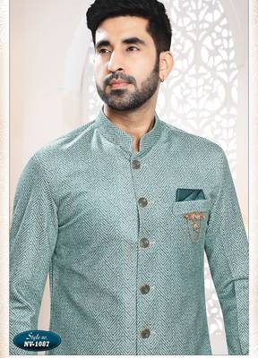 Men's blue swad velvet self design in fabric kurta set 3