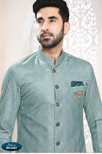 Men's blue swad velvet  self design in fabric kurta set