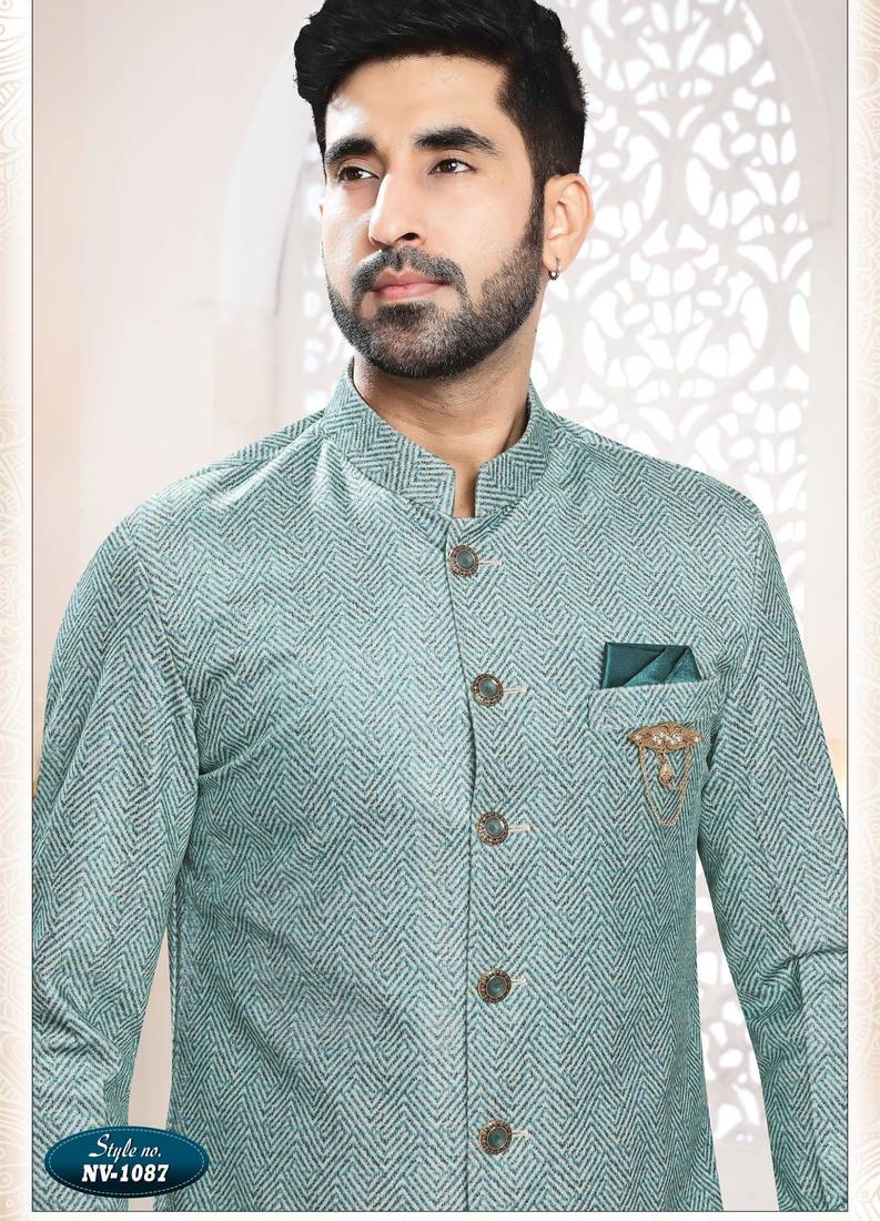 Men's blue swad velvet  self design in fabric kurta set