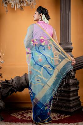 blue hand woven silk blend cotton bengal handloom all seasons sarees 4