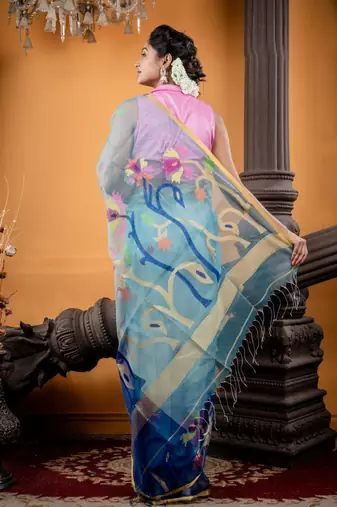blue hand woven silk blend cotton bengal handloom all seasons sarees