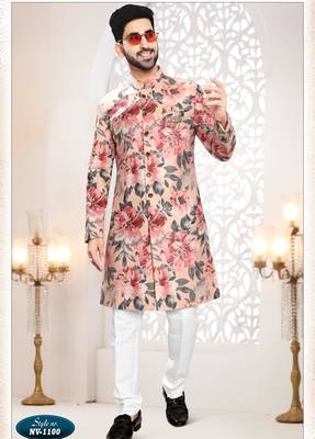 Men's peach swad velvet self print design in fabric kurta set 1