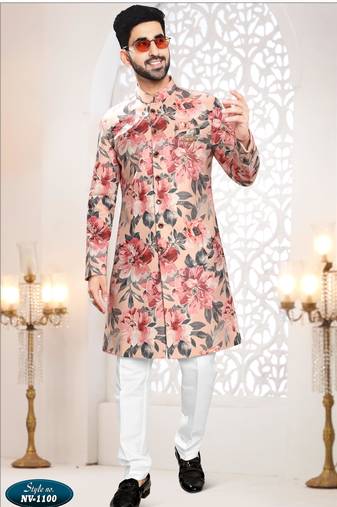 Men's peach swad velvet  self print design in fabric kurta set